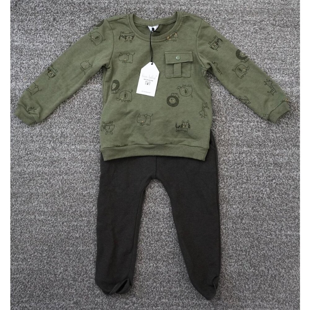 Bon Bebe Baby Boys 3T 2pc Outfit Sweatshirt Pants NWT Green Animal Lion Elephant